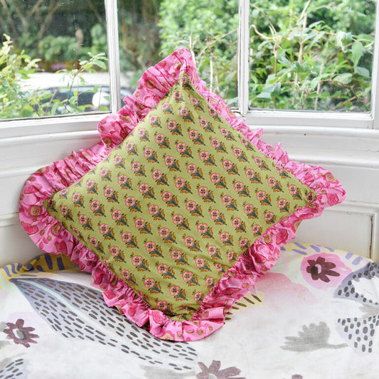 Powell Craft Green Floral Cushion with Pink Ruffle Trim