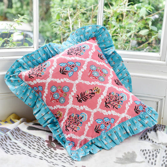 Powell Craft Pink Floral Cushion With Blue Ruffle Trim