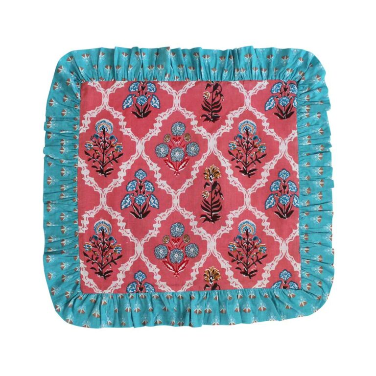 Powell Craft Pink Floral Cushion With Blue Ruffle Trim