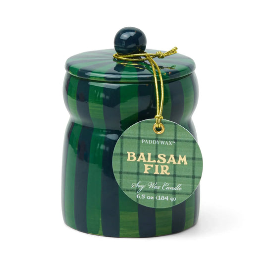 Cabana 6.5oz/184g Green/Navy Striped Ceramic Candle - Balsam Fir