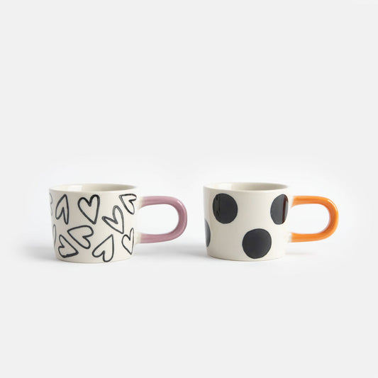 Caroline Gardner Mono Spots/Hearts Set of 2 Espresso Cups