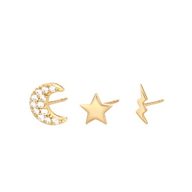 Celestial Set of 3 Single Stud Earrings by Scream Pretty Gold