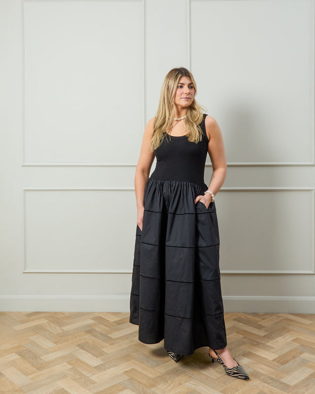 Chalk Rowena Dress Black with a full skirt and jersey top