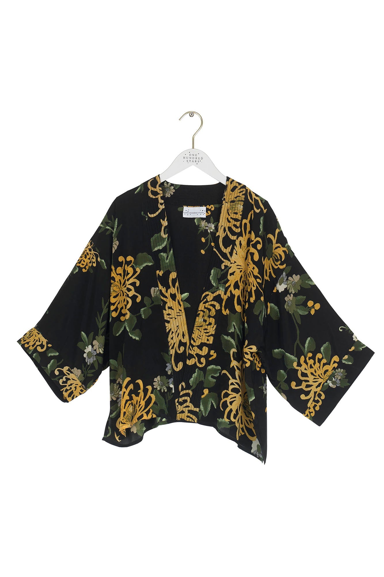 One Hundred Stars Chrysanthemum Black Crepe Kimono