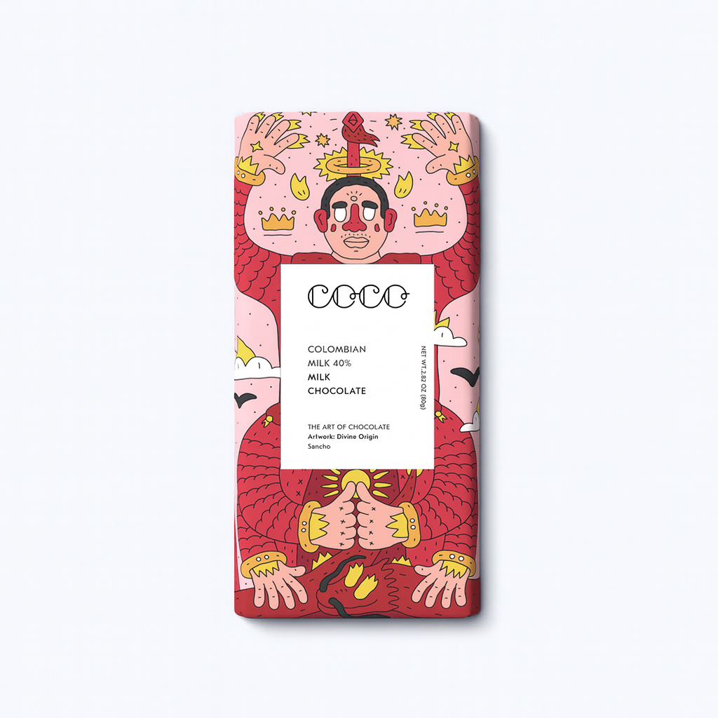 Chocolate bar packaging with artistic design on a white background