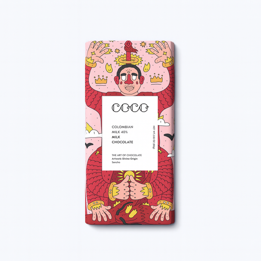 Chocolate bar packaging with artistic design on a white background