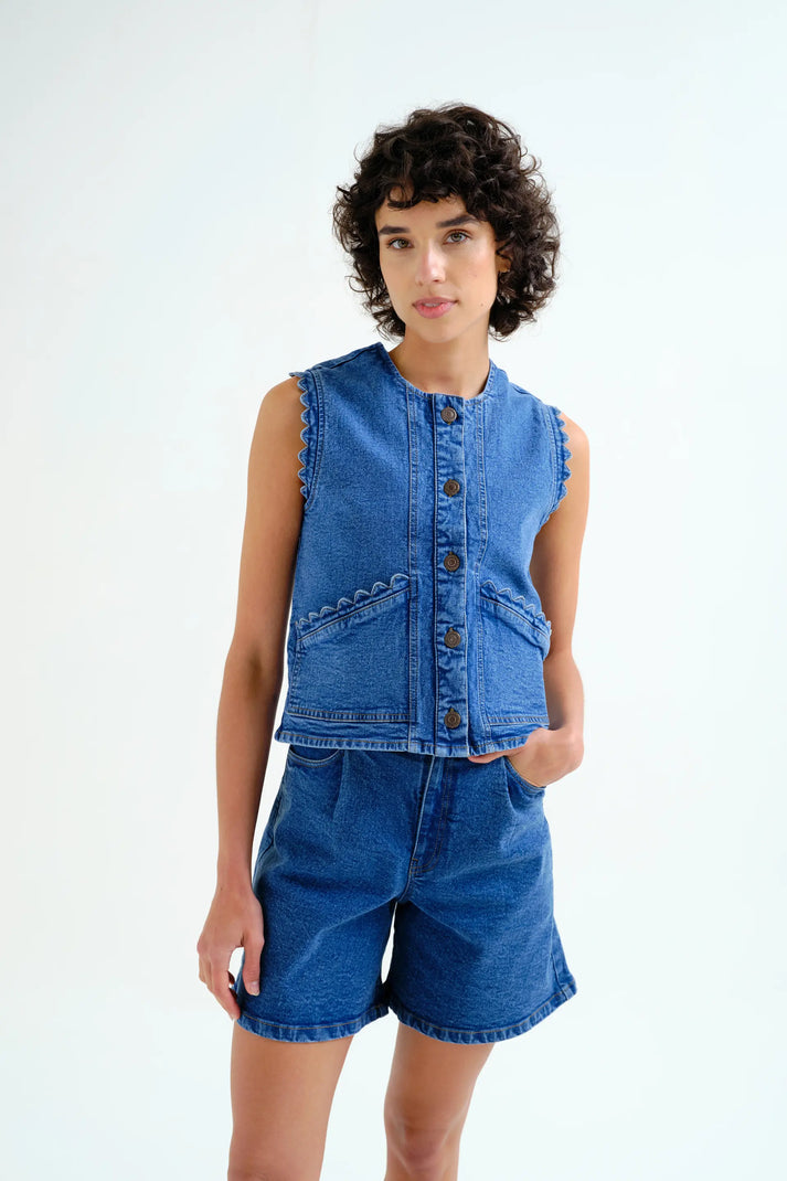 Compania Fantastica Blue Denim Vest with Wave-Edge Detail