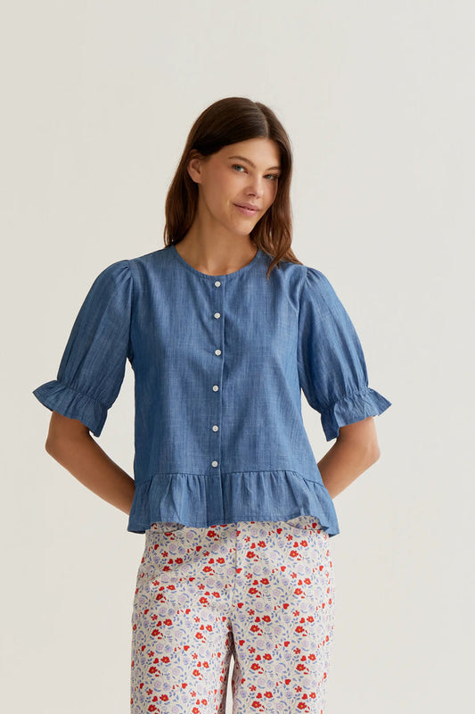 Compania Fantastica Ruffle Top in Blue Chambray