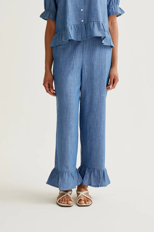 Compania Fantastica Ruffle Trousers in Blue Chambray