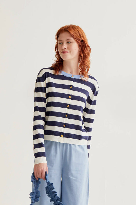 Compania Fantastica Soft knit cardigan with White & Navy Stripe