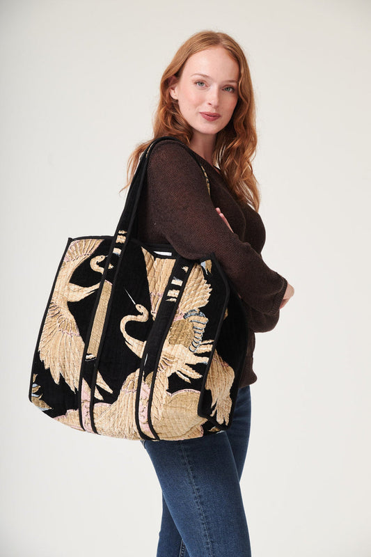 One Hundred Stars Crane Black Large Velvet Tote Bag