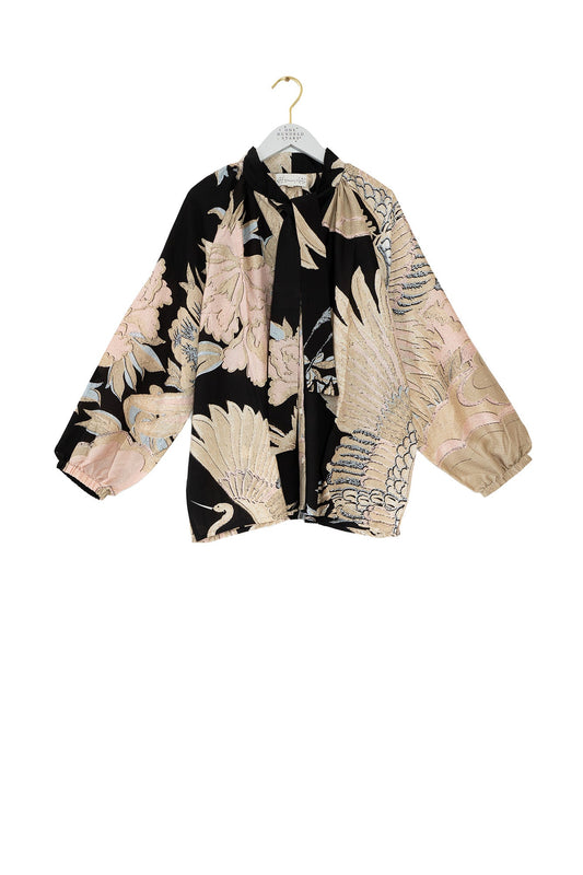 One Hundred Stars Crane Black Pussy Bow Blouse