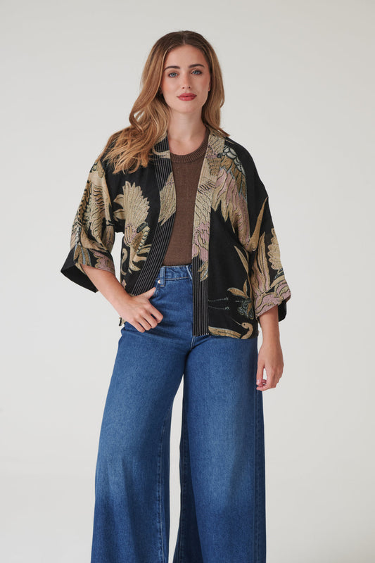 One Hundred Stars Crane Black Wool Kimono
