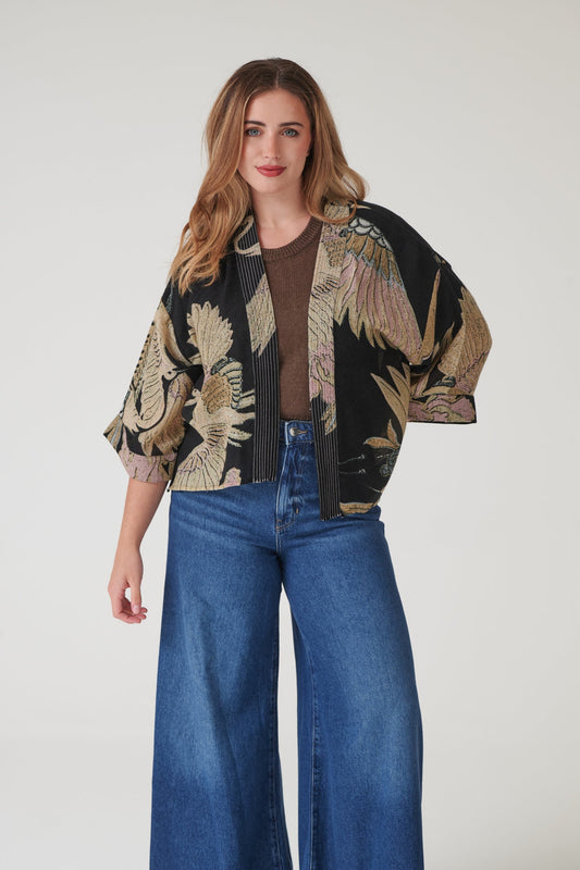 One Hundred Stars Crane Black Wool Kimono