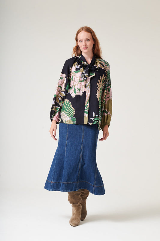 One Hundred Stars Crane Emerald Pussy Bow Blouse