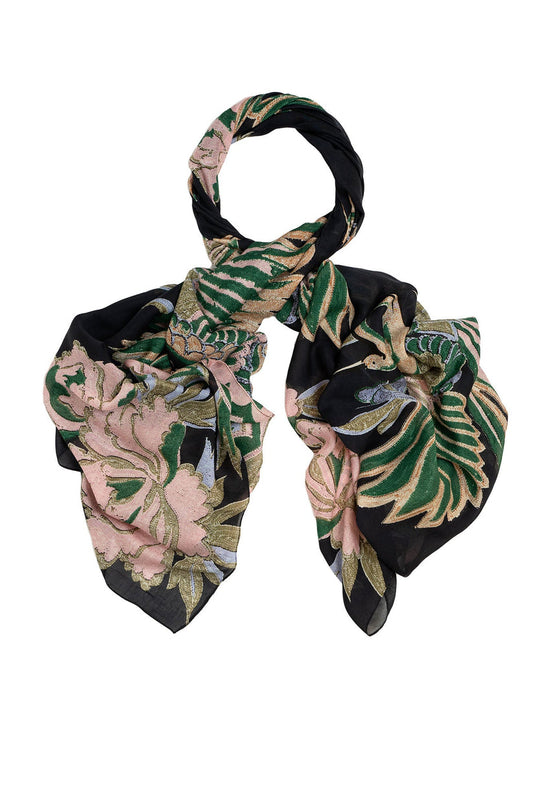 Floral patterned scarf with green and pink flowers on a white background