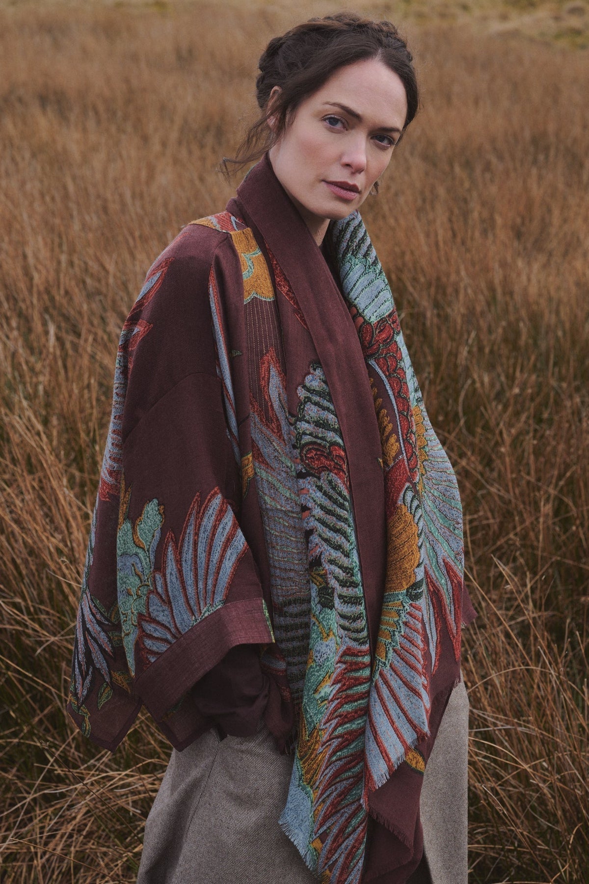 One Hundred Stars Crane Brown Wool Scarf