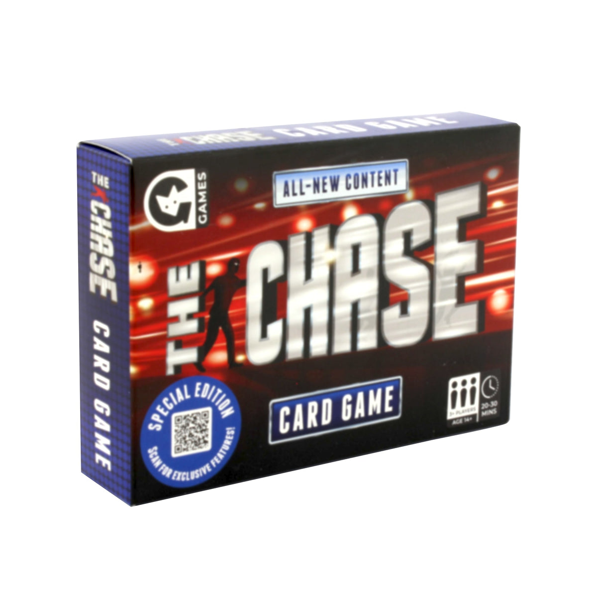 The Chase Card Game box on a plain white background, showing the front and side panels with bold white title text, red light effects, a blue side panel, and a circular special edition badge.