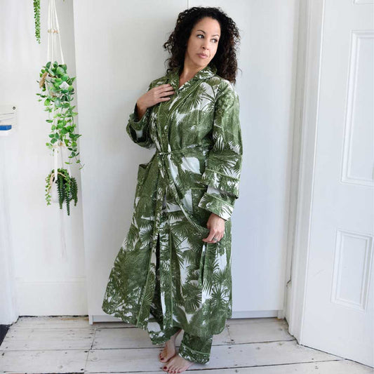 Tropical Green Fern Printed Ladies Cotton Dressing Gown