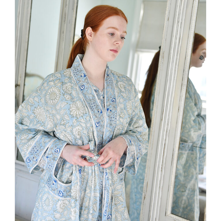 Powell Craft Cornflower Blue Floral Print Dressing Gown