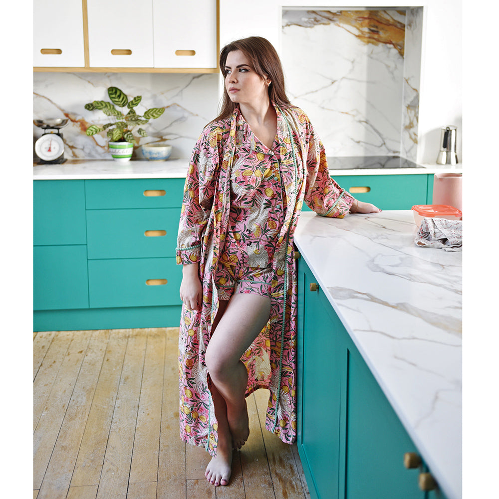 Powell Craft Pink Tropical Bird & Pomegranate Print Dressing Gown