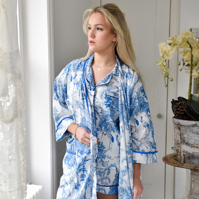 Powell Craft Blue & White Safari Toile De Jouy Print Dressing Gown
