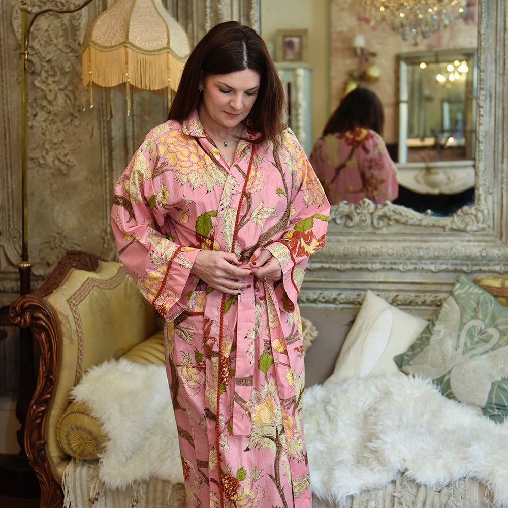 Powell Craft Pink, Cream & Burnt Orange Large Botanical Print Dressing Gown