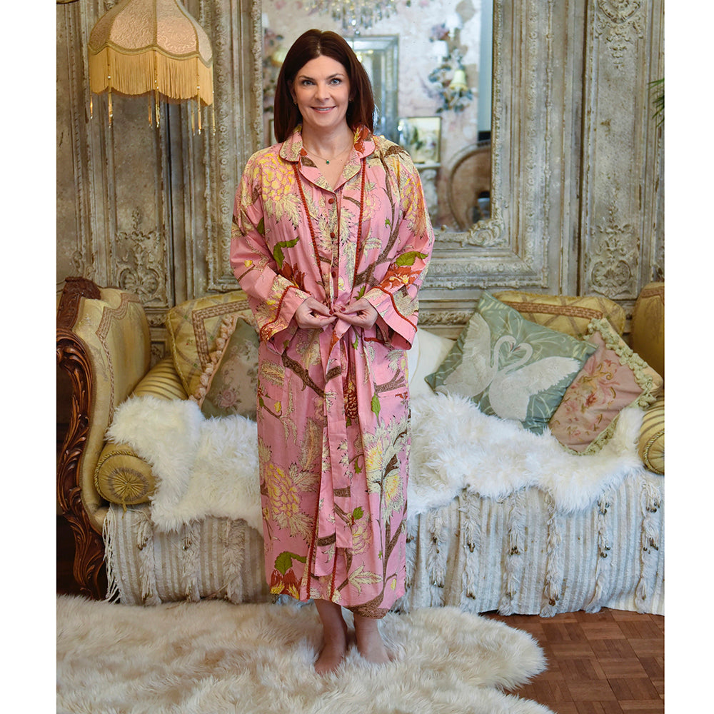Powell Craft Pink, Cream & Burnt Orange Large Botanical Print Dressing Gown