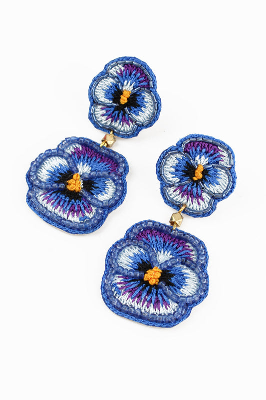 My Doris Double Blue Pansy Beaded Flower Earrings