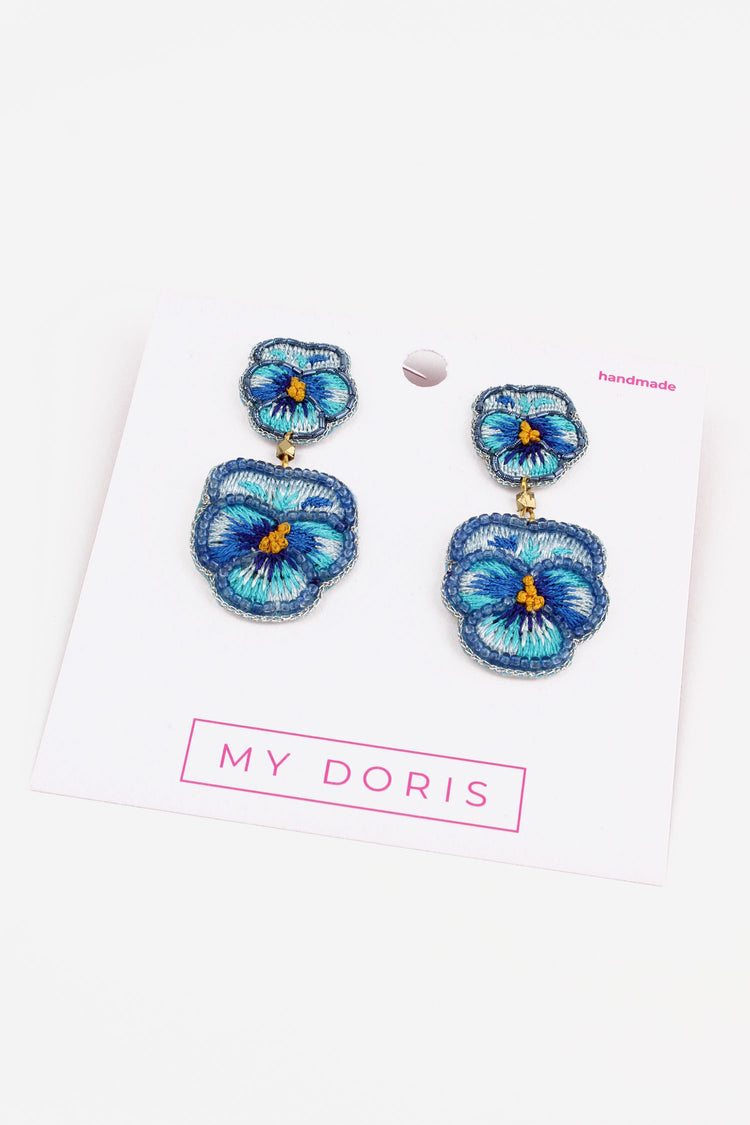 My Doris Double Light Blue Pansy Beaded Flower Earrings