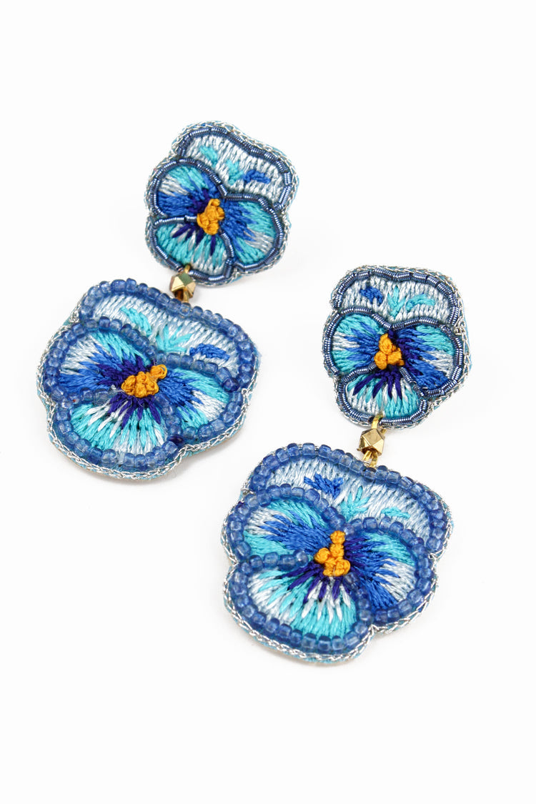 My Doris Double Light Blue Pansy Beaded Flower Earrings