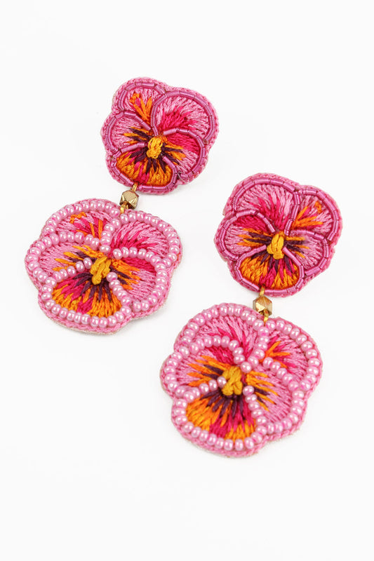 My Doris Double Pink Pansy Beaded Flower Earrings 