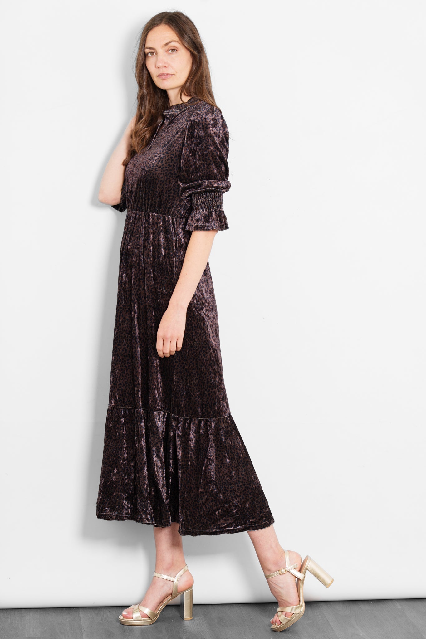 Pandora V-Neck Midaxi Dress- Brown, Velvet Leopard