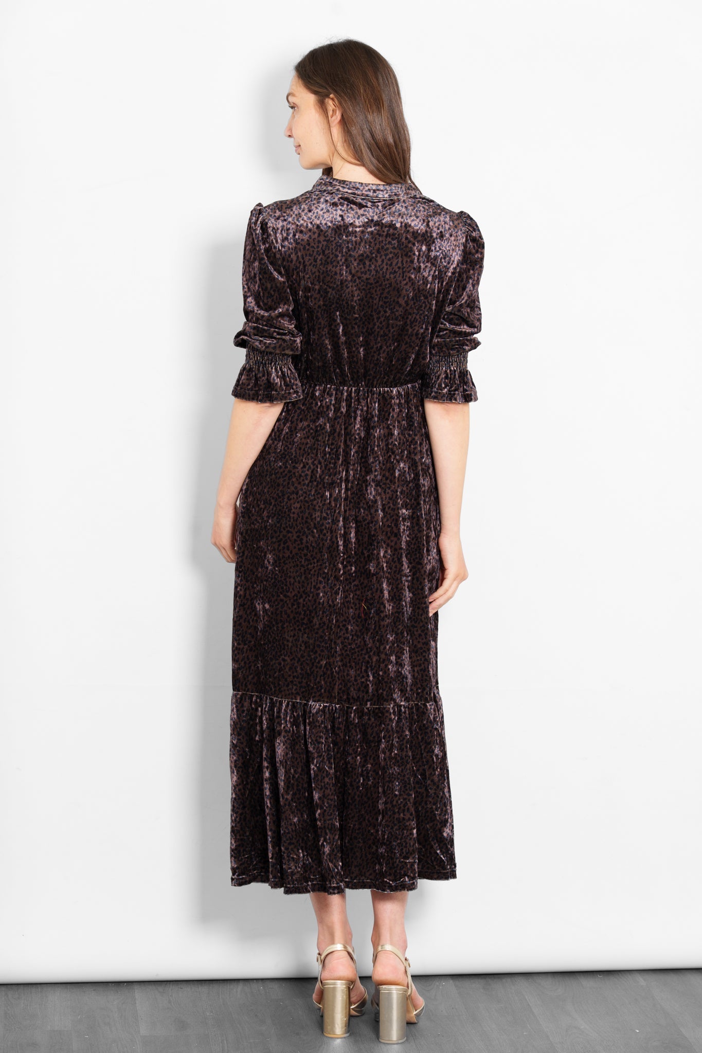 Pandora V-Neck Midaxi Dress- Brown, Velvet Leopard