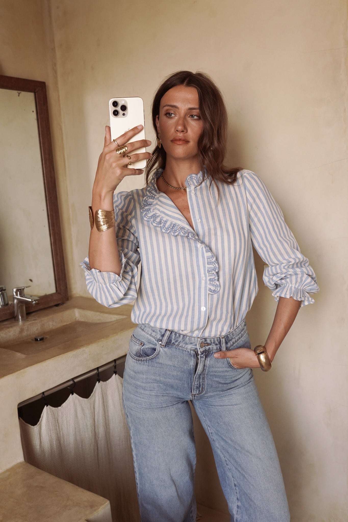 Ottie Striped Blouse with embroidred Ruffle Detail