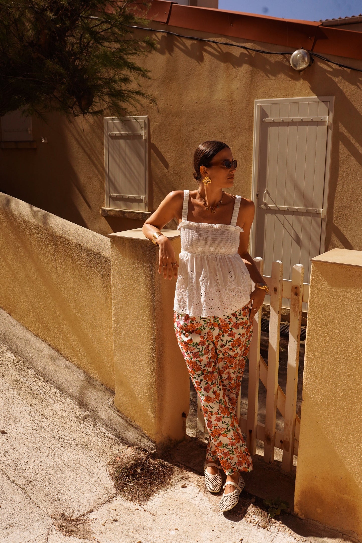 Palea Smocked Top with Embroidery in White