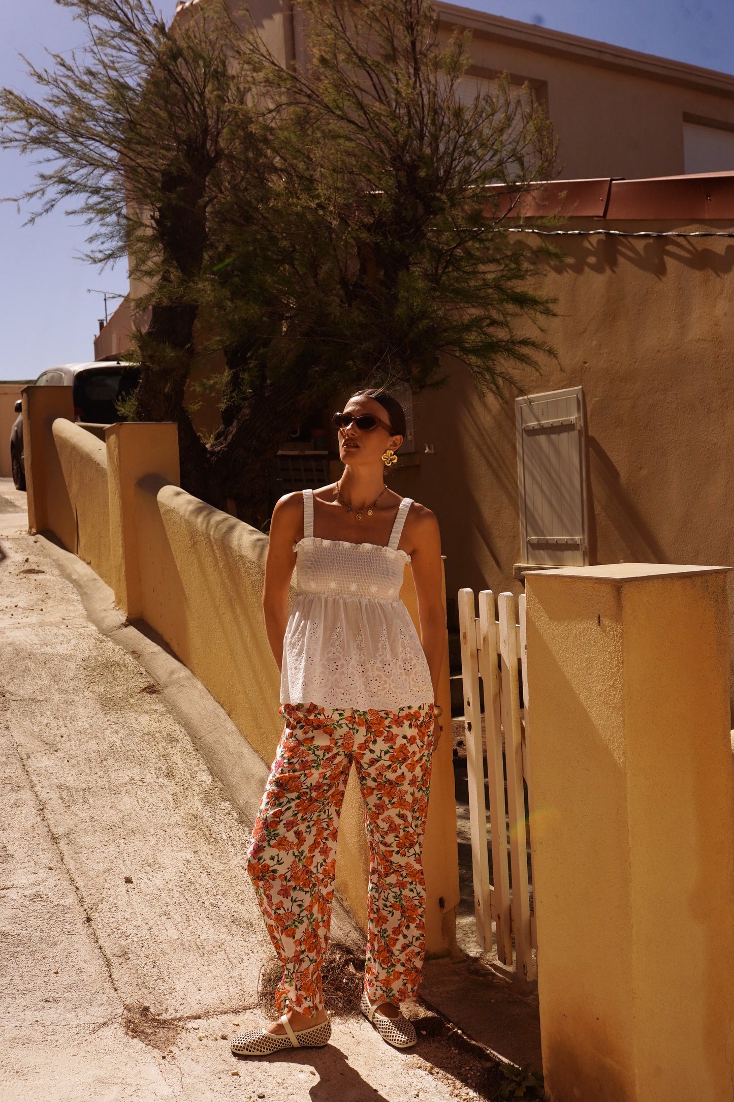 Palea Smocked Top with Embroidery in White