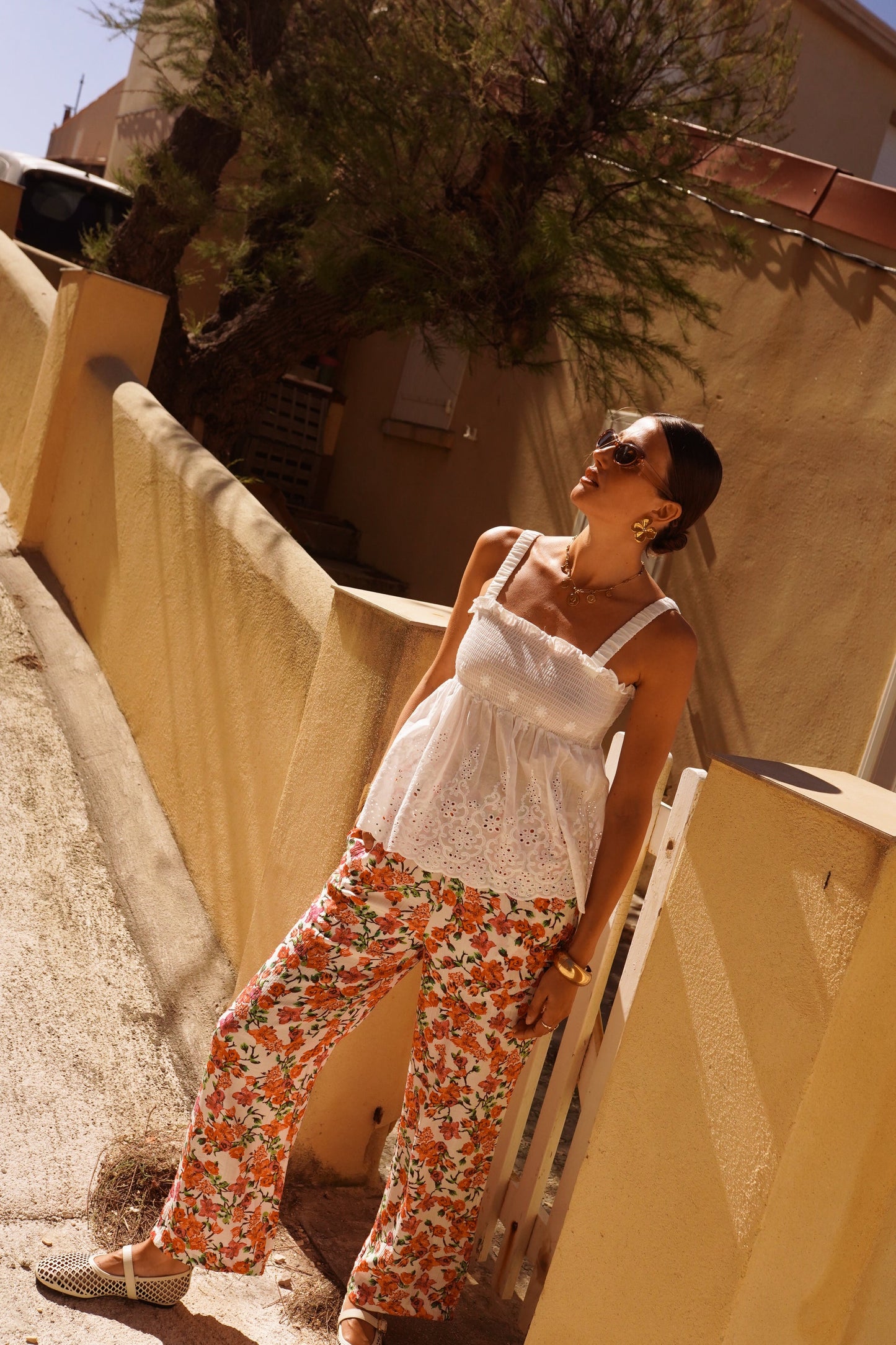 Palea Smocked Top with Embroidery in White