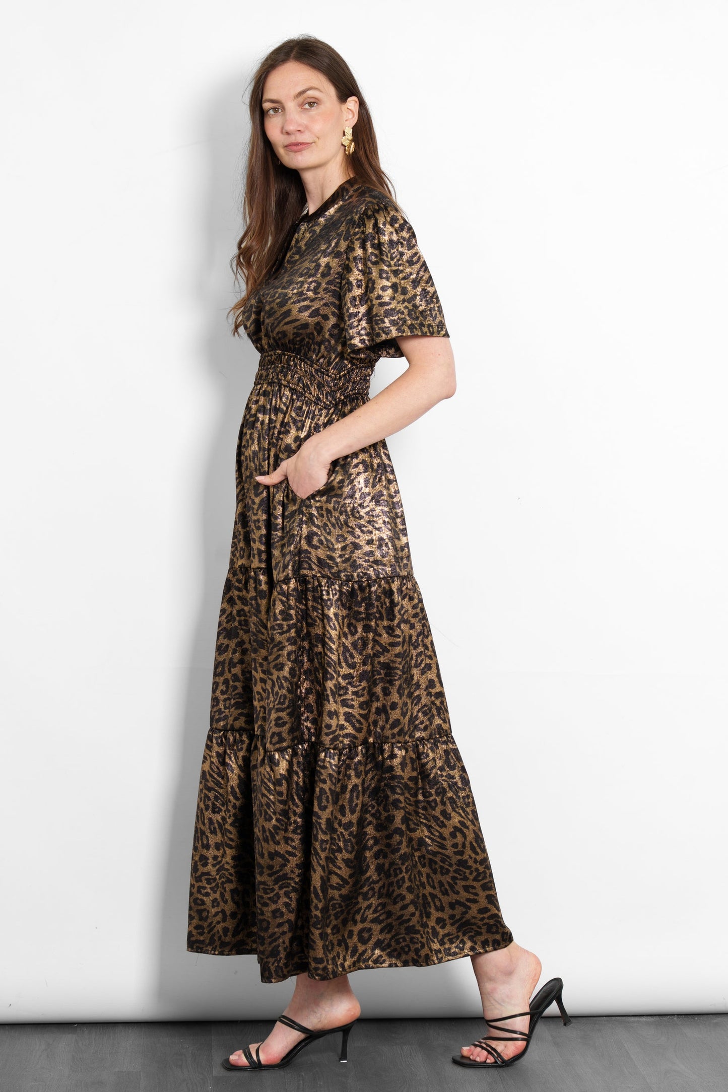Roxy Tiered Maxi Dress- Gold, Metallic Leopard
