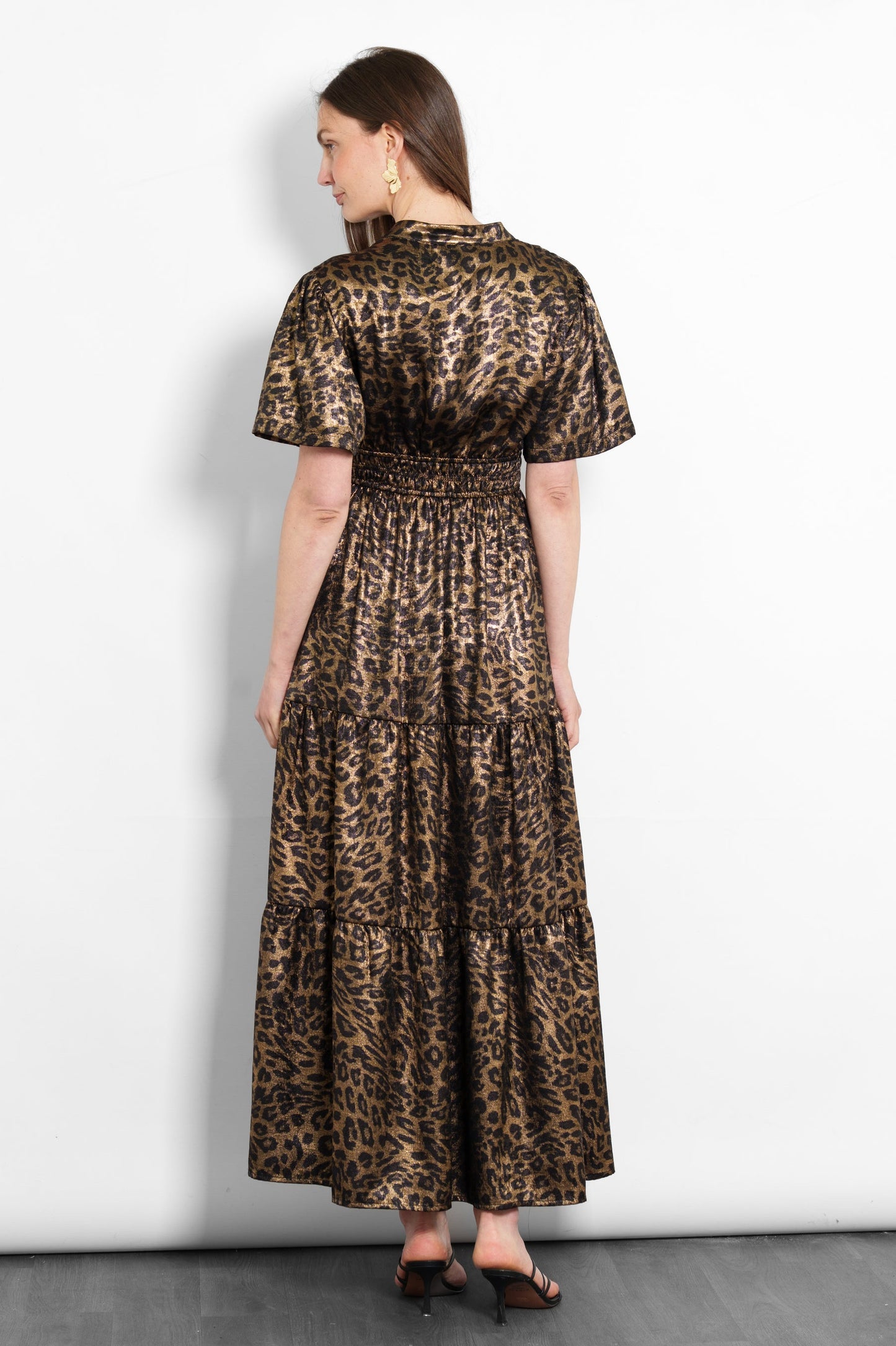 Roxy Tiered Maxi Dress- Gold, Metallic Leopard
