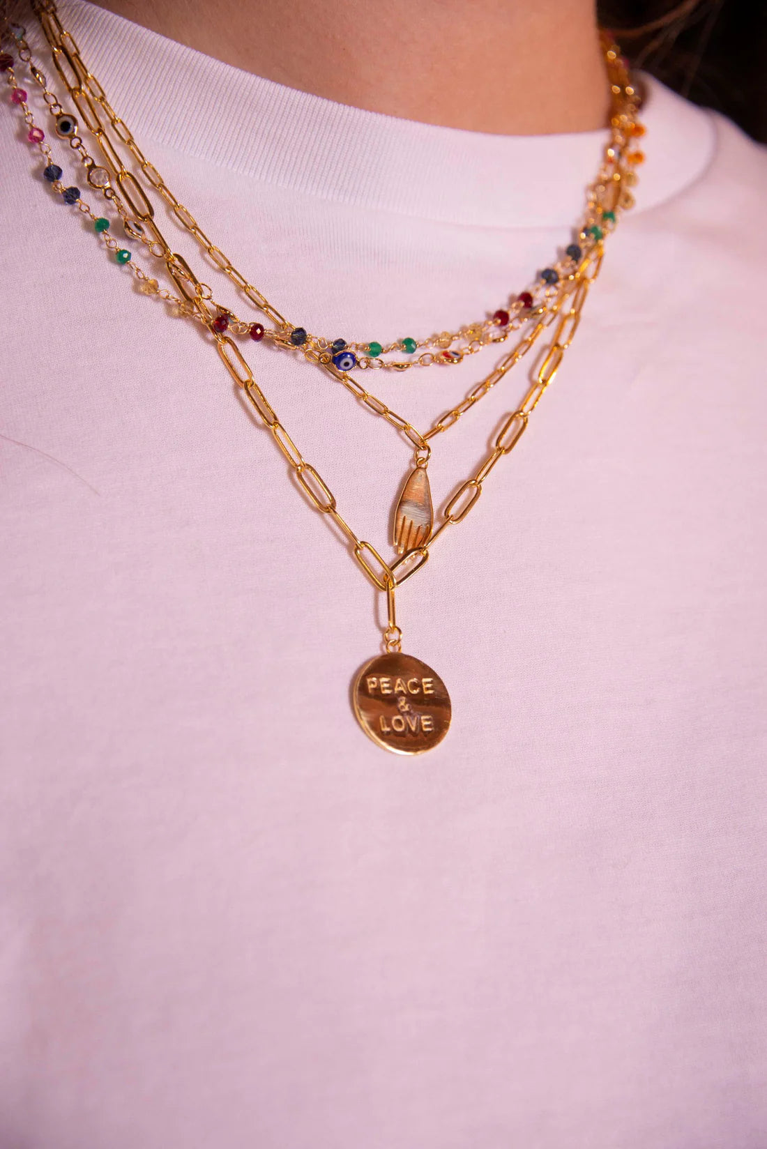 My Doris Gold Peace and Love/ Rock and Roll Coin Chain Necklace
