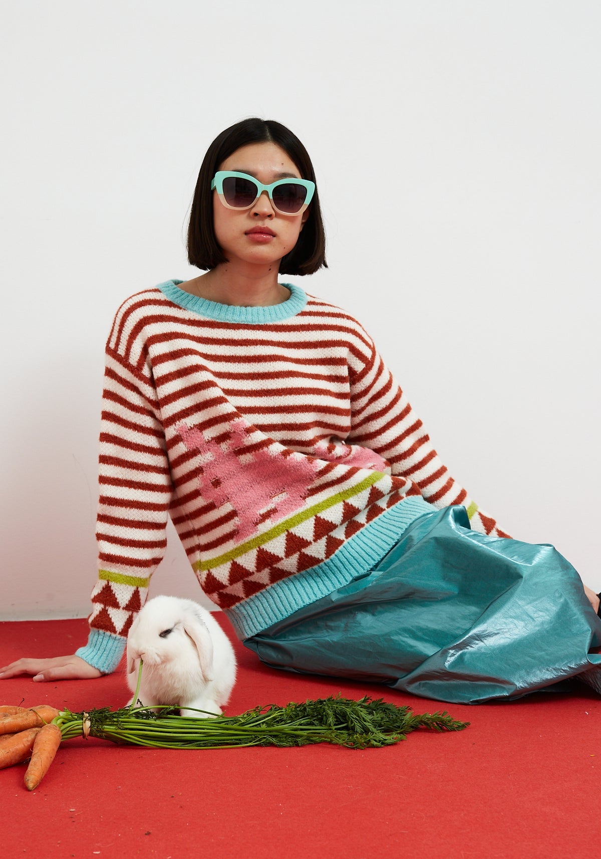 Dr Bloom Jersey Rabbit Terracotta. Person wearing a colourful sweater and sunglasses with a rabbit on a red surface.