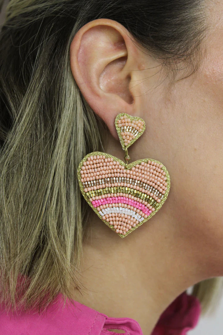 Light Pink Striped Beaded Heart Drop Earrings