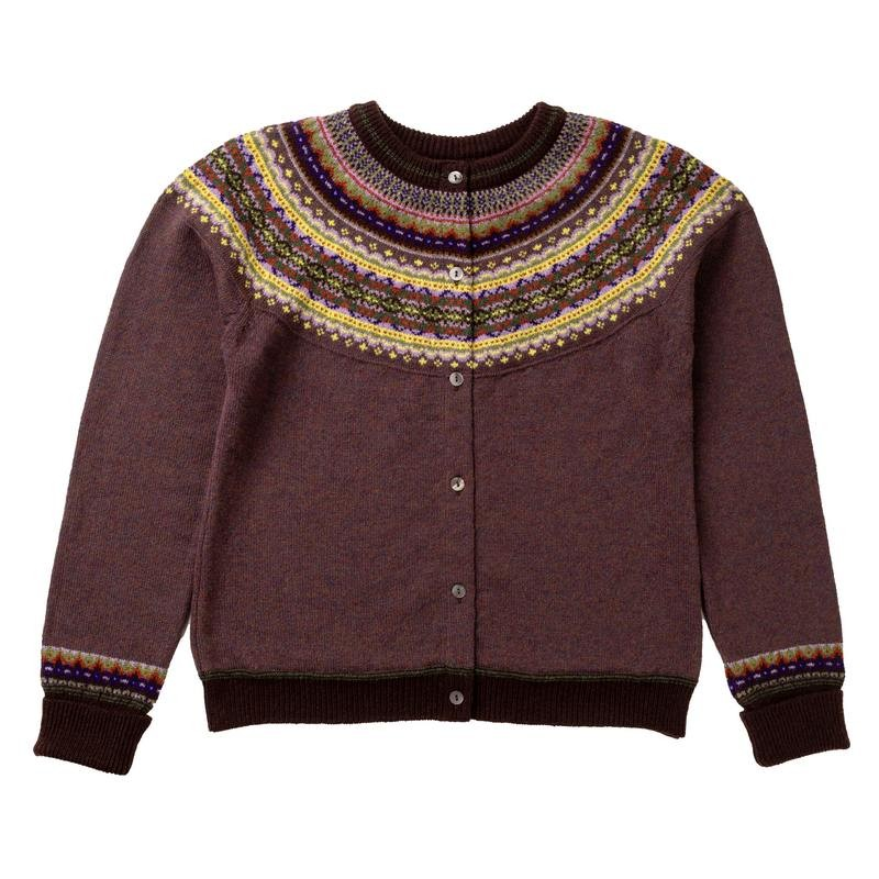 Brown Eribe Alpine sweater with colorful patterned collar on a white background