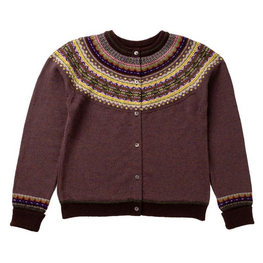 Brown Eribe Alpine sweater with colorful patterned collar on a white background