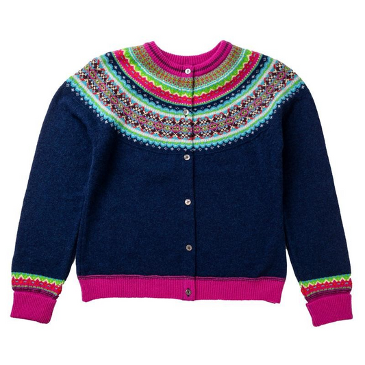 Navy blue sweater with colorful patterned collar on a white background