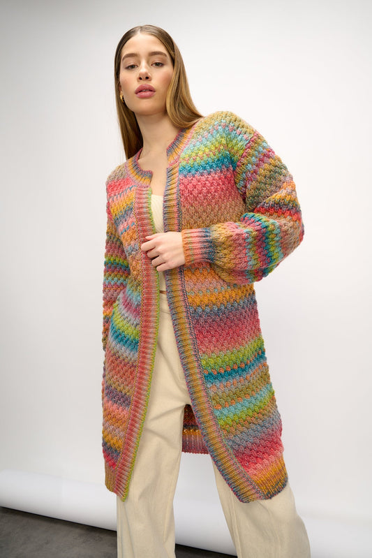 Noella Gio Knit long length Cardigan in striped Candy Mix with no closer or buttons