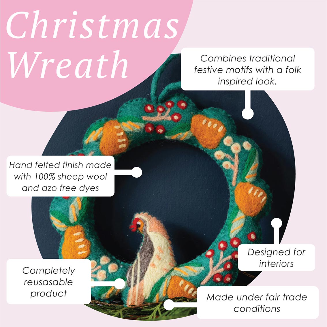 Partridge & Pear Felt Christmas Wreath - 25cm
