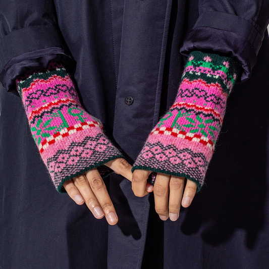 Black & Beech Fairisle Wrist Warmers in Bubblegum