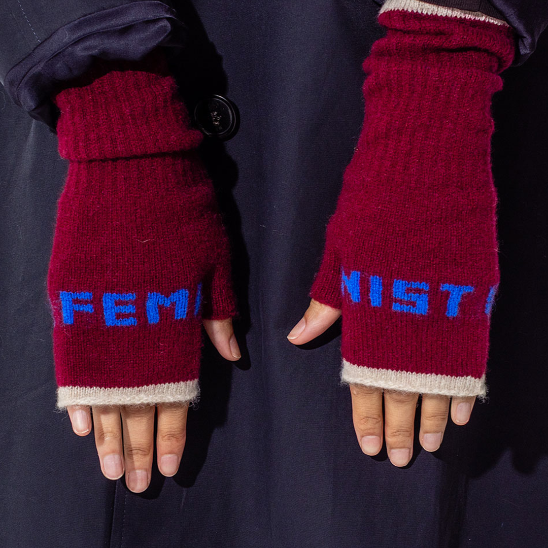 Black & Beech Feminist Fingerless Mittens in Claret & Klein